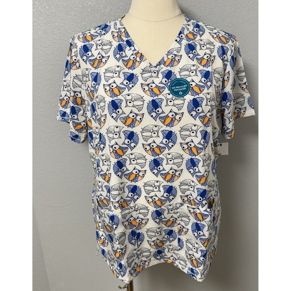 NWT Cherokee Scrub Top 2X Owl Together Now Scrubs Uniform Owls On White RN